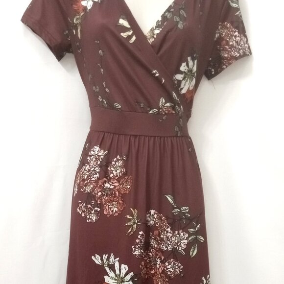 Zattcas Mock Wrap Short Sleeve Maroon Floral Long Tall Maxi Dress Size M - Picture 2 of 12